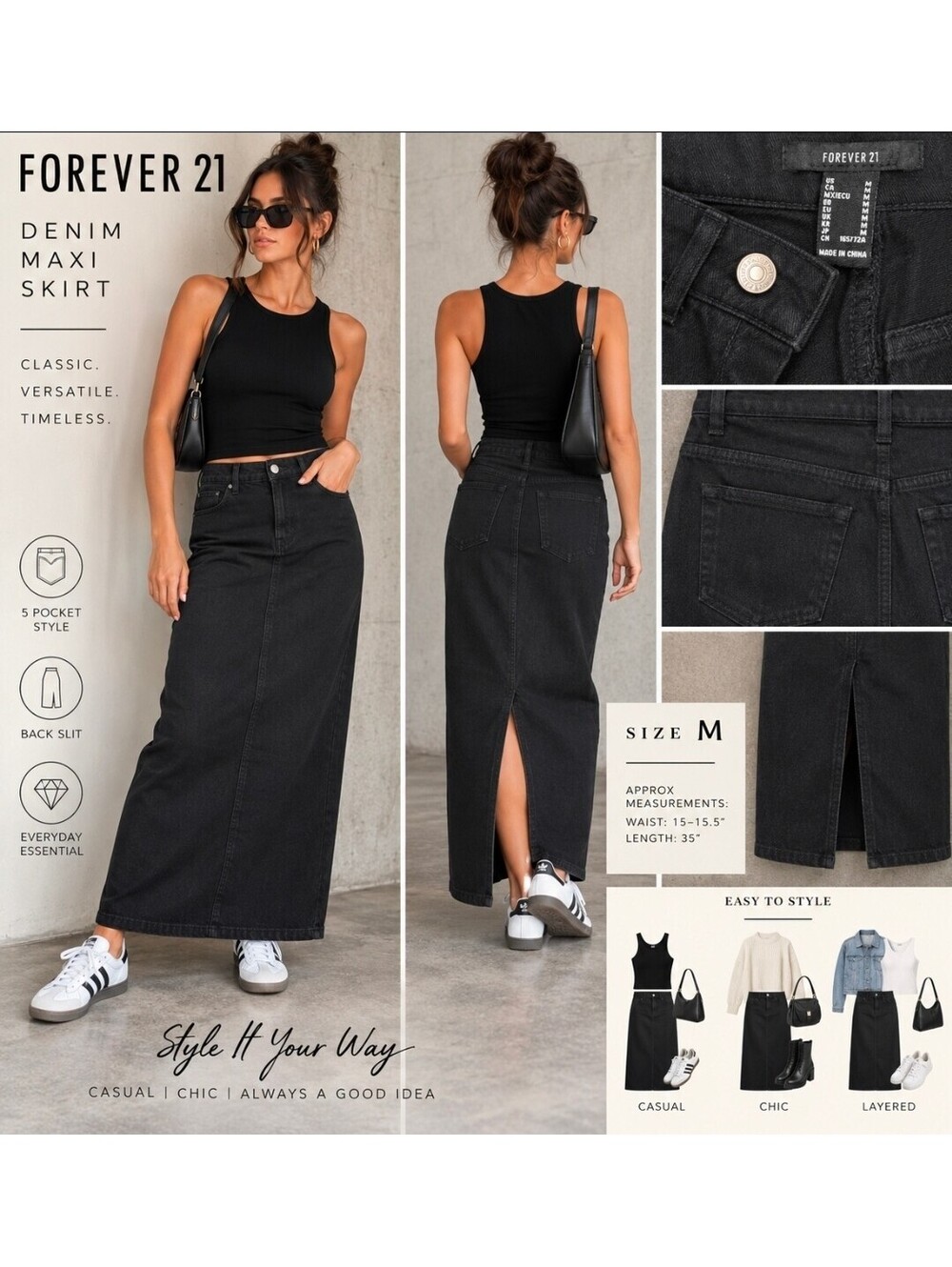 Forever 21 Black Denim Maxi Skirt Size M High Rise Back Slit 5 Pocket Y2K
